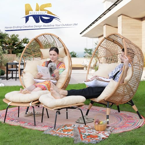 NICESOUL® Wicker Stationary Egg Chair Indoor Outdoor Egg Basket Lounge Chair Oversized Thick Cushions Egg Seat with Legs 440lbs Egg Nest Chair with Ottoman, Boho Rattan Chair for Patio Beige