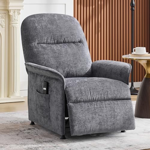 UMBFUN Power Recliner Chair with Remote Control, 21" Wide Seat Small Recliners with Side Pocket for Adults, Thick Cushions Chair for Living Room & Bedroom, Light Grey