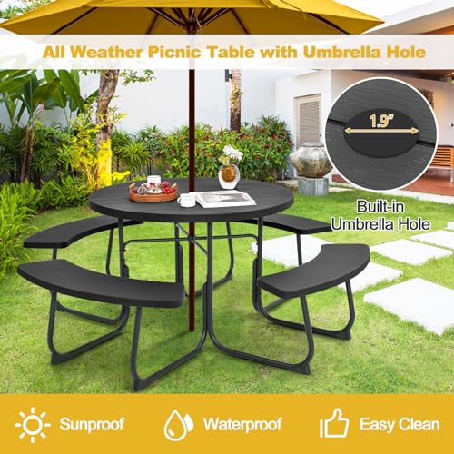 Tangkula 8 Person Picnic Table, Outdoor Round Picnic Table with 4 Built-in Benches, Umbrella Hole, Metal Frame & HDPE Tabletop, Outside Table and Bench Set for Backyard, 2300lbs Weight Capacity Tangkula