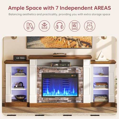 oneinmil 70" Fireplace TV Stand, Electric Fireplace with Mantel, Modern Entertainment Center with Open Storage, Remote Control, Adjustable Flame, Fire Place TV Stand for Living Room, Bedroom Oneinmil