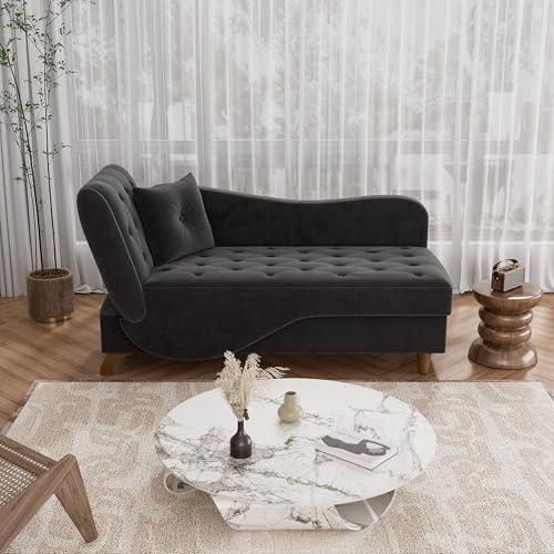 DAMAIFROM Chaise Lounge Chair Indoor with Storage, Adjustable Armrest Recling Reading Chair Sleeper Sofa Bed with Pillow, 3 in 1 Velvet Futon Lounge Chair for Living Room Playroom, Black DAMAIFROM