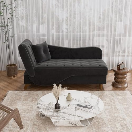 DAMAIFROM Chaise Lounge Chair Indoor with Storage, Adjustable Armrest Recling Reading Chair Sleeper Sofa Bed with Pillow, 3 in 1 Velvet Futon Lounge Chair for Living Room Playroom, Black DAMAIFROM