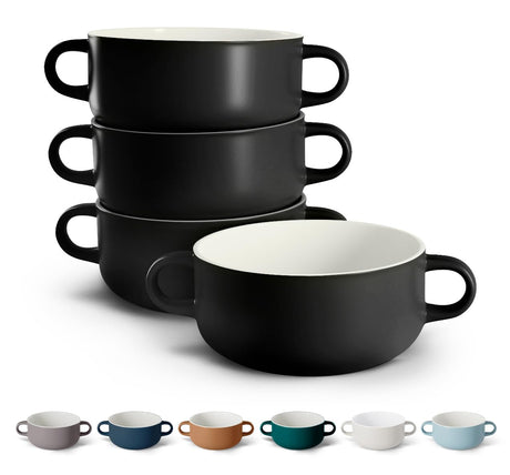 Kook Soup Crocks, Ceramic Bowls, Broil, Oven, Microwave and Dishwasher Safe, with Handles, For Casserole, Pasta, Cereal, 18 oz, Set of 4 (Black) KooK