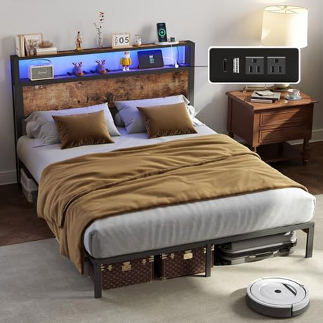 Full Size Bed Frame with Headboard, Metal Platform Bed Frame with LED Lights & Charging Station, Under Bed Storage, Solid and Stable, No Box Spring Needed, Noise Free, Easy Assembly, Vintage Brown RVONOW