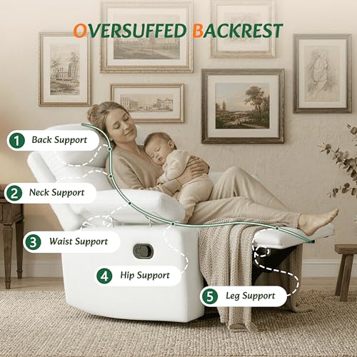 Nursery Glider Recliner with Adjustable Armrests, Oversized Comfortable Nursing Chair for Breastfeeding Moms, 360°Swivel, 90°-160° Recline, Quiet Rocking Chair Nursery for Living Room, White