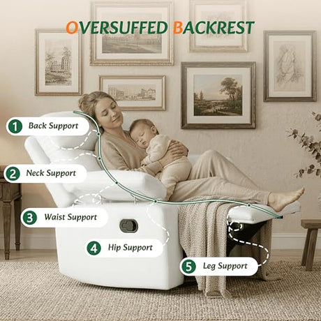 Nursery Glider Recliner with Adjustable Armrests, Oversized Comfortable Nursing Chair for Breastfeeding Moms, 360°Swivel, 90°-160° Recline, Quiet Rocking Chair Nursery for Living Room, White AILEEKISS