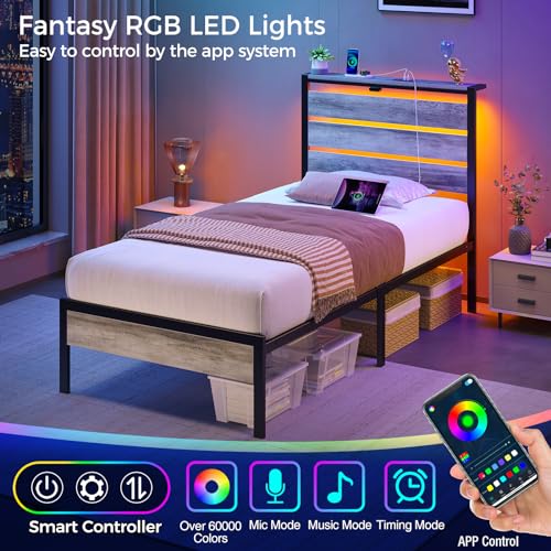 Rolanstar Bed Frame Twin Size with USB Charging Station, LED Bed Frame with Wood Storage Headboard, Light Grey Metal Platform Bed with Under Bed Storage, No Box Spring Needed, Noise Free Rolanstar