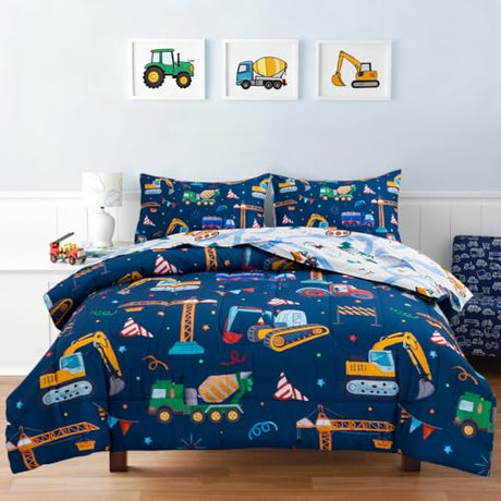 Holawakaka Trucks Tractors Cars Boy Bedding Comforter Set with Sheets, Twin Size Cartoon Construction Car Excavator Print Kids Bed in A Bag 5-Piece, Boys Reversible Dorm Bed Sets (Navy Blue Twin) Holawakaka