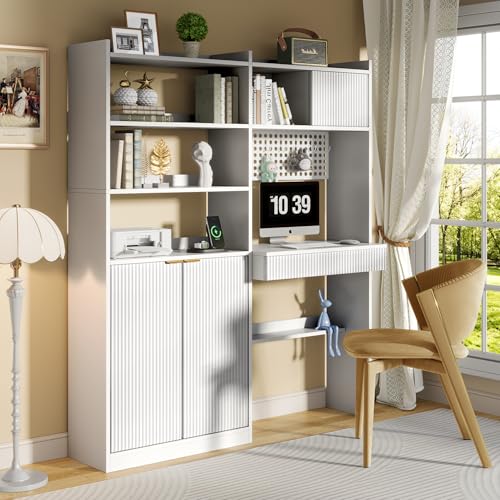 kepptory 63" Tall Computer Desk with Hutch, Fluted Wood Computer Desk, Featuring Charging Station, Drawer and Storage Cabinet, for Home Office Work and Study (White) kepptory