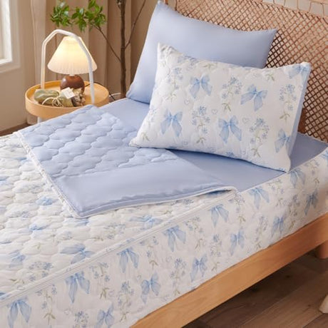 Jolusere Zipper Bedding Twin Blue Bow Comforter Zipper Bedding Set for Kids Girls,Cute Princess Bowknot Coquette Floral Design, All in one Zipper Bedding（Blue,Twin） Jolusere