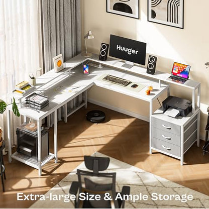 Huuger L Shaped Gaming Desk with LED Lights and Power Outlets, Computer Desk with 3 Drawers, 66.1 Inches Corner Desk, Home Office Desk with Printer and Monitor Stand, Large Storage Space, Whi - WoodArtSupply