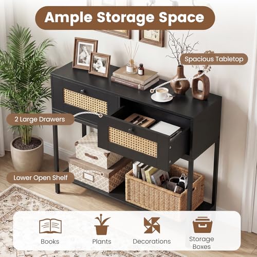 COSTWAY Rattan Console Table, Boho Narrow Sofa Table with 2 Storage Drawers and Open Shelf, 3-Tier Entryway Table with Sturdy Metal Frame for Living Room, Hallway, Foyer, 32 Inch (Black) COSTWAY