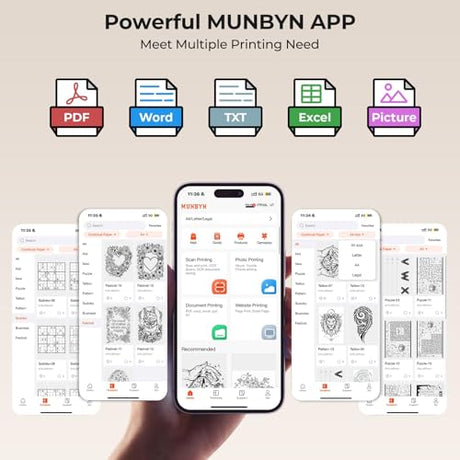 MUNBYN Portable Printer Wireless for Travel, Small Bluetooth Inkless Thermal Printer Support 8.5 x 11 US Letter & A4, Compatible with Laptop, macOS,Windows, Android & iOS for Car,Home Office & School MUNBYN