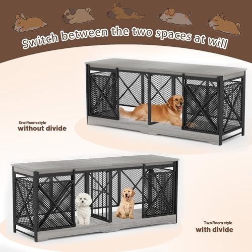 COZPAW 78 Inch Double Dog Crate Furniture, Extra Large Dog Kennel Indoor for Medium Large 2 Dogs, Heavy Duty Dog Cage Chew-Resistant Steel and Wooden Pet House with Removable Divider (Grey) COZPAW