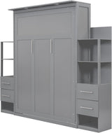 Queen Murphy Bed with Storage Drawers,LED Lights and Shelves,Wood Murphy Wall Bed Cabinet for Adults (Grey) MERITLINE