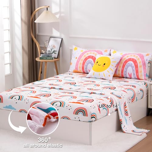 A Nice Night Bedding 6 Pcs Cartoon Rainbow Bedding Set with Smile Sun Printed for Boys Girls Bed Comforter Sets (White, Twin) A Nice Night