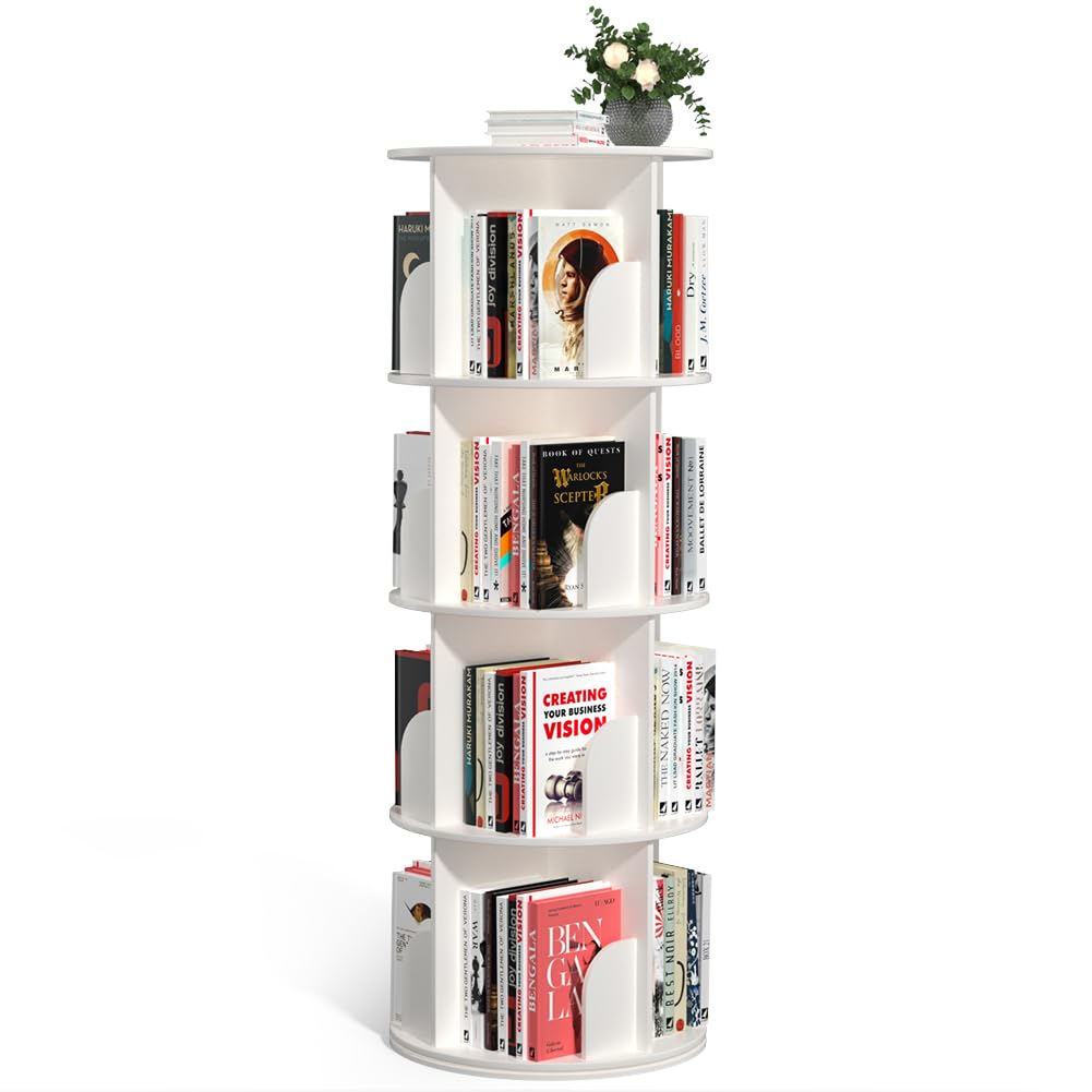 Nidouillet Rotating Bookshelf, 4 Tier Spinning Bookcase Tower Lazy Susan, Revolving 360 Book Shelf Storage Round Organizer, Vertical Rotate Turning Corner Book Case for Small Space, White Nidouillet