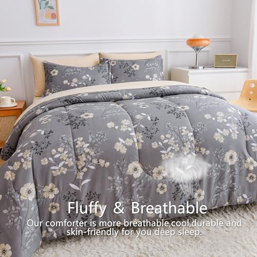 AIKASY Grey King Bed in a Bag 7-Pieces, Comforter Set with Sheets,Tree Branches and Flowers Printing Design,Ultra Soft Down Alternative All Season Bedding Set(King, Grey) AIKASY
