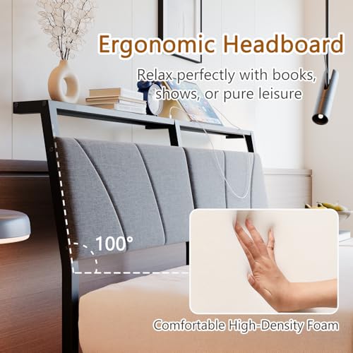 HOJINLINERO Floating Queen Bed Frame with Headboard&Storage Shelf,Ergonomic Queen Size Bed Frame with USB Charging& LED Lights,Platform Bed Frame Noise-Free Metal Slats | Modern Bedroom Design HOJINLINERO