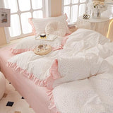 Pink Flower Duvet Cover Twin Chic Floral Print Ruffle Duvet Cover Cotton Lace Comforter Cover Country Style Floral Bedding Set Romantic Ruffle Comforter Cover Flower Bedding Cover with 2 Pillowcases LifeTB