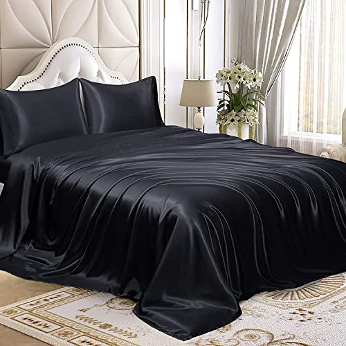 Homiest Black Satin King Flat Sheet, Silky Bedding Top Sheet for King Mattress, Luxury & Ultra Soft Single Bed Sheet Sold Separately Homiest
