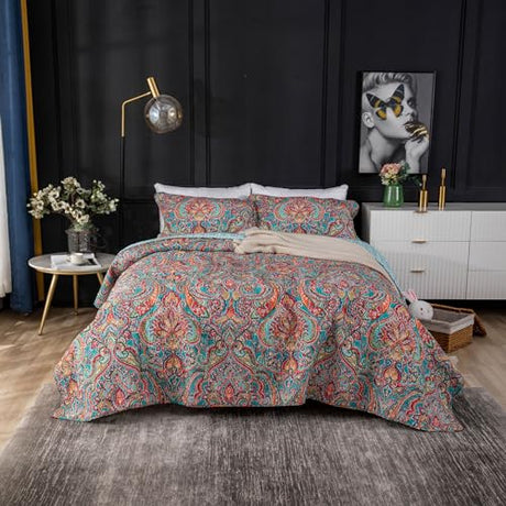 YASMENG 100% Cotton Boho Quilt Set Full Queen Size Colorful Gorgeous Paisley Mandala Floral Reversible Quilted Bedding Bohemian Vibrant Exotic Soft Breathable Bedspread Coverlet Set for All Seasons YASMENG