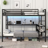 Full XL Over Twin Bunk Bed with Desk and Shelves, Metal Loft Bed with LED and USB, Multiple Placement, Black Bellemave