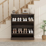 Garvee Shoe Cabinet with 2 Flip Drawers, Modern Narrow Wave Shoe Organizer with Adjustable Shelves, Wooden Freestanding Shoe Cabinet for Entryway, Living Room, Hallway, Walnut Garvee