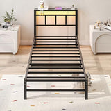 Maliacife Twin Bed Frame with Headboard,Single Bed Frame with Charging Station and LED Lights,Metal Platform Bed Twin Sizes,No Box Spring Needed,Easy Assembly,Black (Sand Black, Twin) Maliacife