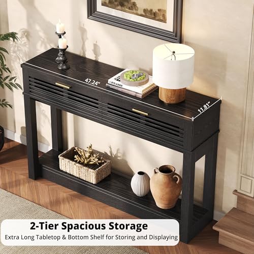 IRONCK Entryway Table, 47" Console Table with Drawer for Living Room, Wooden Sofa Table with Storage, Mid Century Modern, Black IRONCK