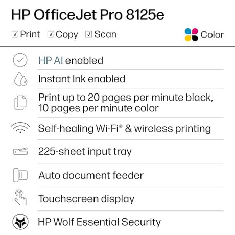 HP OfficeJet Pro 8125e Wireless All-in-One Color Inkjet Printer, Print, scan, Copy, ADF, Duplex Printing Best-for-Home Office, 3 Month Instant Ink Trial Included, AI-Enabled (405T6A) HP