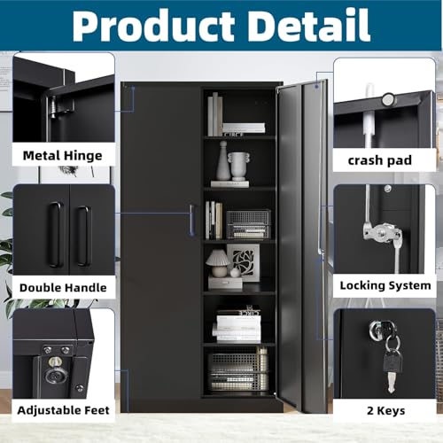 GUIZEEOPO Garage Storage Cabinet with Doors and Shelves, Metal Storage Cabinet with 5 Adjustable Shelves, Kitchen Pantry Cabinet, File Cabinets for Home Office, Filing Cabinet, 71'H, Matte Bl - WoodArtSupply