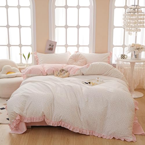 Pink Floral Duvet Cover Queen Chic Flower Print Ruffle Duvet Cover Cotton Lace Comforter Cover Country Style Floral Bedding Set Girls Ruffle Comforter Cover Flower Queen Duvet Cover with 2 Pillowcases LifeTB