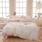 Pink Floral Duvet Cover Queen Chic Flower Print Ruffle Duvet Cover Cotton Lace Comforter Cover Country Style Floral Bedding Set Girls Ruffle Comforter Cover Flower Queen Duvet Cover with 2 Pillowcases LifeTB