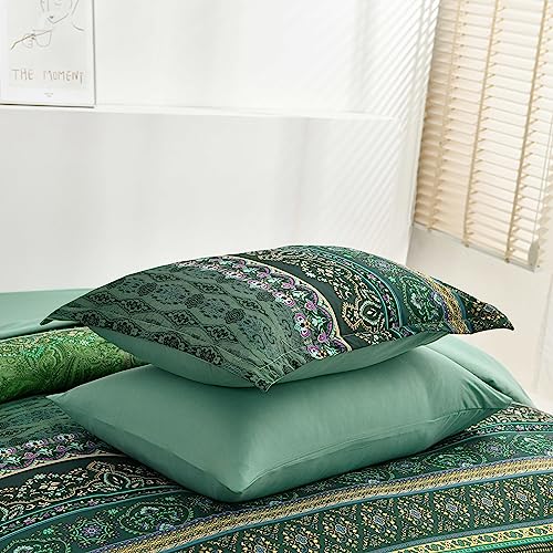 Boho Green Comforter Set Queen Size,8 Piece Bed in a Bag Bohemian Striped Bedding Quilt Set,Dark green Paisley Floral Comforter and Sheet Set,Soft Microfiber Complete Bedding Sets for All Season Cottolester