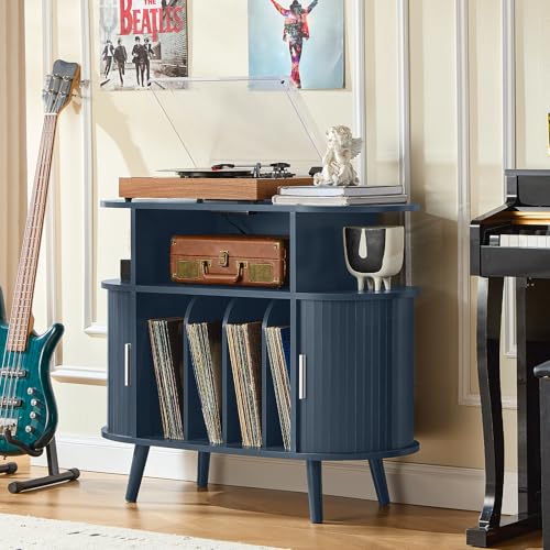 LELELINKY Large Round Record Player Stand with Charging Station & Fluted Panel,Navy Blue Mid Century Modern Turntable Cabinet with Vinyl Storage, Arched Wood Record Player Table for Living Room LELELINKY