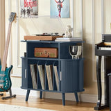 LELELINKY Large Round Record Player Stand with Charging Station & Fluted Panel,Navy Blue Mid Century Modern Turntable Cabinet with Vinyl Storage, Arched Wood Record Player Table for Living Room LELELINKY