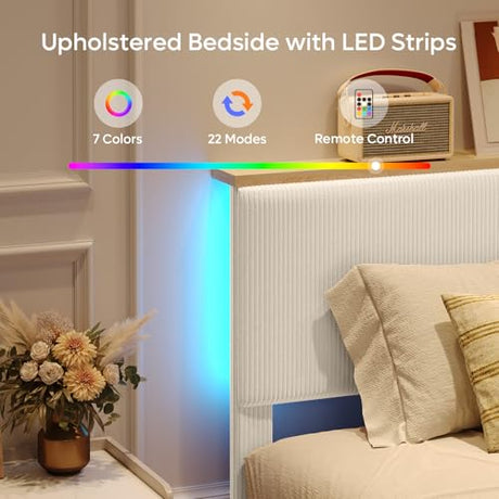 Bestier Queen Bed Frame with Adjustable Headboard & LED Lighting, Corduroy Upholstered Platform Bed Frame with Storage Shelf, Solid Wood Slats, No Box Spring Needed, Never Squeak, Easy Assembly, Beige Bestier