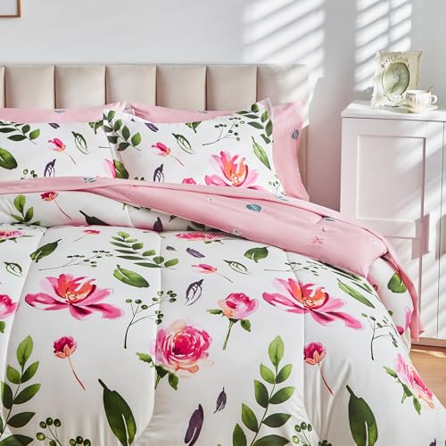 Shxime Floral Comforter Set 7 Pieces White with Green Leaves Pink Flowers Bed in a Bag King Size Reversible Bedding Set (1 Comforter 2 Pillow Shams 1 Flat Sheet 1 Fitted Sheet 2 Pillowcases) Shxime