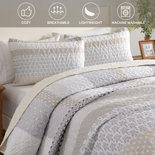 WONGS BEDDING Beige Quilt Queen Size, Bohemian Stripe Quilt Sets 3 Pieces Beige Boho Quilted Bedspread Set Lightweight Microfiber Coverlet Bedding Set All Season (96"x90") WONGS BEDDING