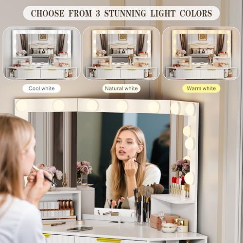 SKKTKT Vanity Desk with Charging Station & LED Lights Mirror – Corner Design HD Triple Mirror Makeup Vanity Table Set with Storage Drawers & Chair for Living Room/Bedroom Ideal Gift (White) SKKTKT