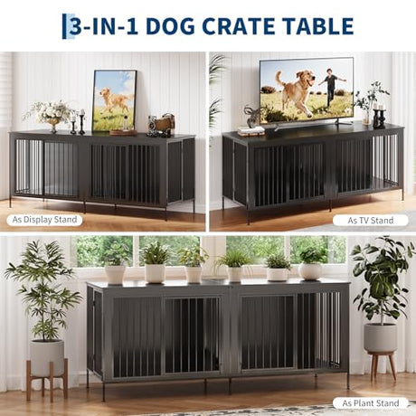 79‘’ Double Dog Crate Furniture, Large Dog Kennel Indoor, Heavy Duty Double Dog Crates for Medium/Large Dogs, Dog Kennel Furniture Indoor As TV Stand, Rustic Black GAOMON