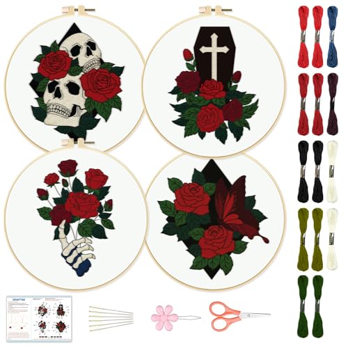 BEUNITONE 4 Set Skull Embroidery kit for Beginners Flower Starter Kits Halloween Skull with Flowers DIY Needlepoint Kit for Adults with Instruction Rose Skull Handmade Embroidery Kits for Gifts