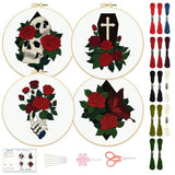 BEUNITONE 4 Set Skull Embroidery kit for Beginners Flower Starter Kits Halloween Skull with Flowers DIY Needlepoint Kit for Adults with Instruction Rose Skull Handmade Embroidery Kits for Gifts
