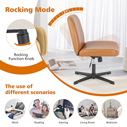 Sweetcrispy Criss Cross Chair Legged, Armless Office Swivel Desk Chair No Wheels, Vanity Height Adjustable Wide Seat Faux Leather Computer Task Seating for Home Bedroom Sweetcrispy