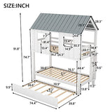 Merax Twin Over Twin Bunk Bed with Trundle,Roof and Windows,House-Shaped Wood Bunk Bed for with Built-in Ladder and Guardrail for Girls,Boys,White+Grey Merax