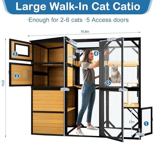 FunXplore Large Cat Catio Outdoor 4 Tiers Cat Enclosure Window Access, Walk-in Cat Cage Cat House for Multiple Indoor Outdoor Cats, Outside Patio 5 Doors Weatherproof Asphalt Roof & PVC Canopy Roof FunXplore
