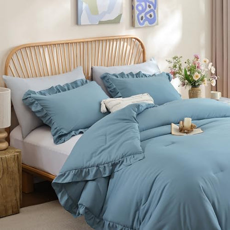 JANZAA Comforters Queen Size Mineral Blue Comforter Set Queen 3PCS(1 Ruffled Comforter Set and 2 Pillowcases) Shabby Chic Bedding Vintage Soft Fluffy Bed Set for All Season JANZAA