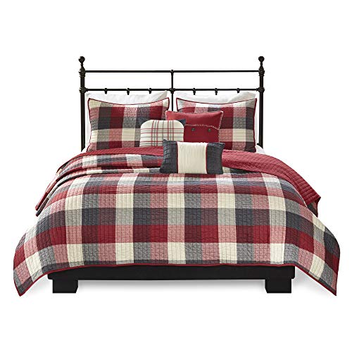 Madison Park Reversible Quilt Cabin Lifestyle Plaid Design - All Season, Breathable Coverlet Bedspread Bedding Set, Matching Shams, Full/Queen(90"x90"), Red 6 Piece Madison Park