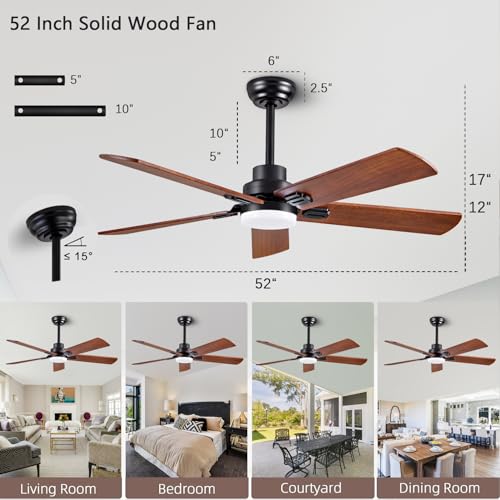 52-Inch Solid Wood with Remote Control with Light (LED) Modern DC DC Motor Indoor/Outdoor 5-Blade Ceiling Fan for Patios, Bedrooms and Farmhouses (Black + Walnut)